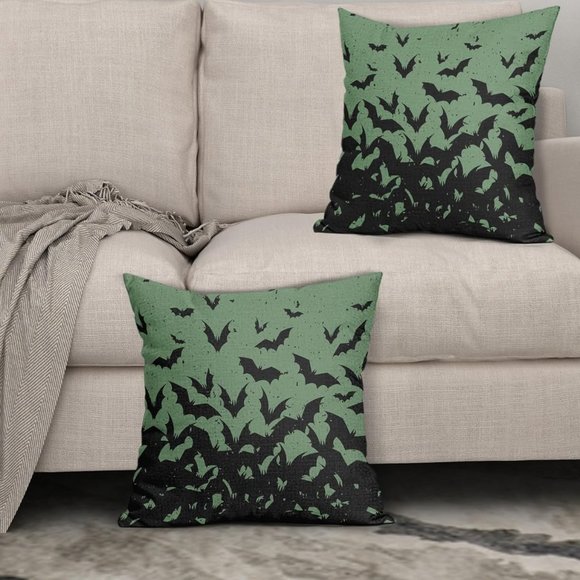 Set 2 Green Black Bats Pillow Covers 18" Square Pillows Gothic Bat Print GothNew - Picture 4 of 9